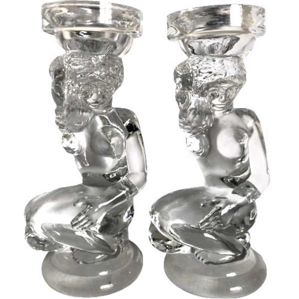 set of 2 clear art glass vintage risque candle holders two nude ladies